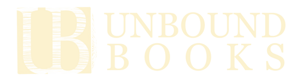 The logo for Unbound Books, featuring a stylized cream-colored 'UB' monogram with a book icon integrated into the letter 'U', alongside the words 'UNBOUND BOOKS' in a matching cream serif font, all on a solid white background.